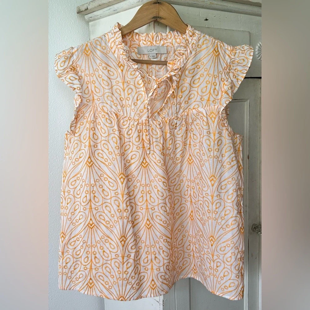 Ann Taylor LOFT | Womens White/Orange Ruffle Collar/Cap Sleeve Embroidered Top M - Picture 5 of 16